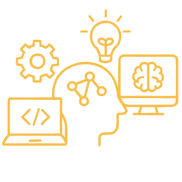Silhouette of a head with a network beside a computer with an image of a mind representing AI