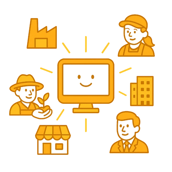 A farmer, factory worker and businessman are all happy surrounding a smiling computer screen
