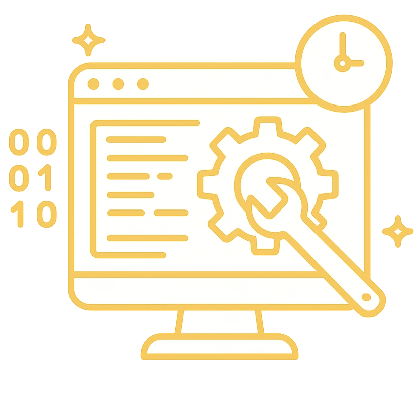 A wrench sits over a compute screen with code, representing support for an existing system
