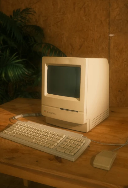 A Apple Macintosh Classic sitting on a table