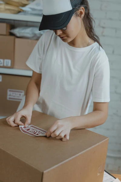 A woman putting a sticker on a cardboard box in a warehouse