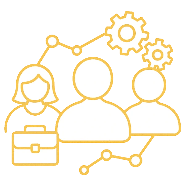 Three silhouettes of people connected by a node network representing a team of developers